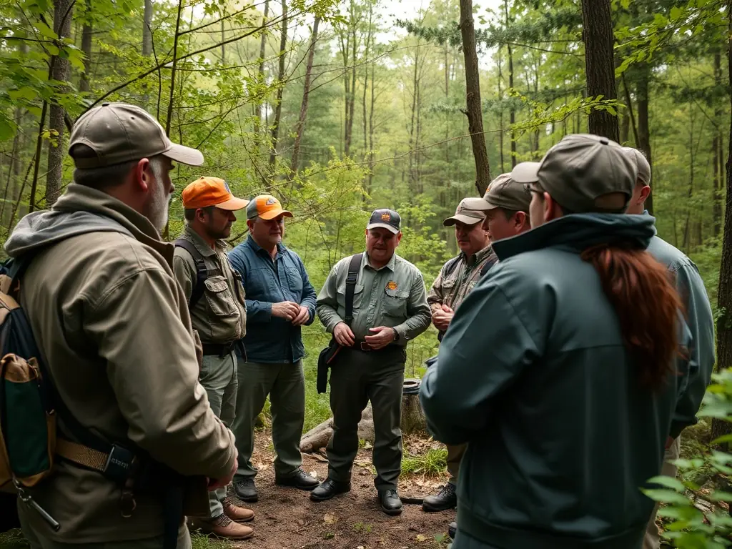A photograph of a group of hunters participating in a training session on responsible hunting practices, set in a natural outdoor environment. The focus is on safety and ethical hunting.