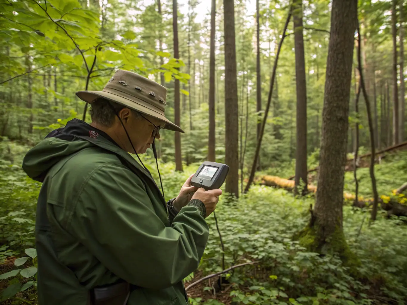 An image of a wildlife biologist monitoring animal populations in a protected area, emphasizing the importance of data collection and analysis for effective wildlife management.