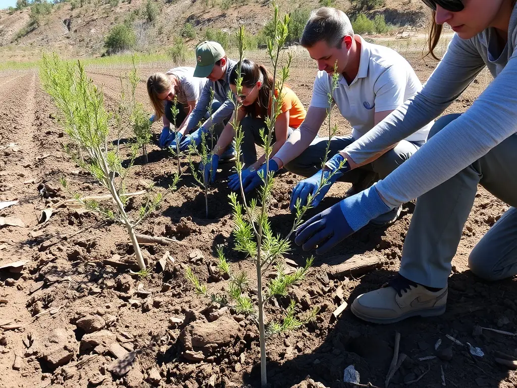 A picture of volunteers planting native trees and shrubs in a deforested area, highlighting the association's commitment to habitat restoration and environmental stewardship.