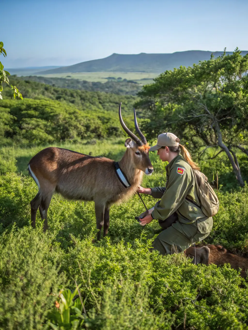 A photograph showing a wildlife biologist tagging a deer as part of a population monitoring program, showcasing the association's commitment to scientific wildlife management.