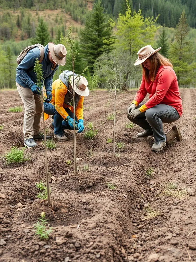 A photograph depicting volunteers planting trees in a deforested area, symbolizing habitat restoration efforts by ASSOC DE CHASSE LE VALLON.