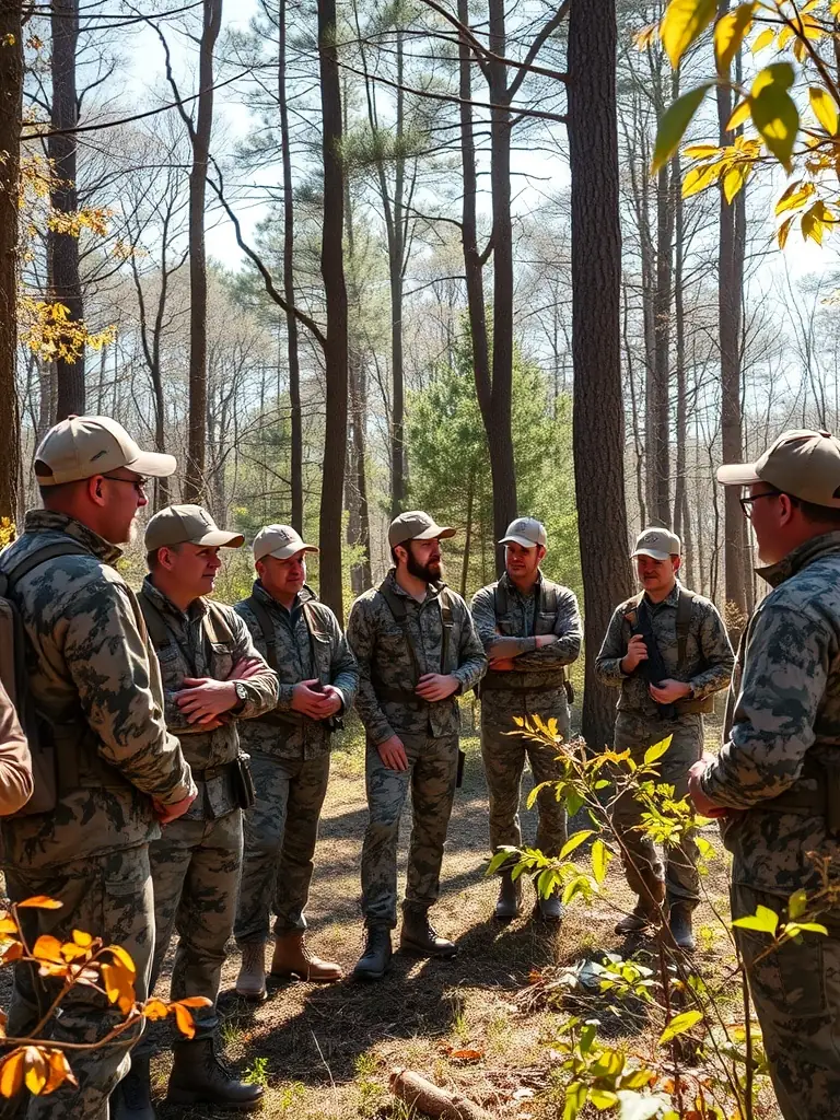 A photograph of a group of hunters participating in a safety training course, emphasizing the importance of responsible hunting practices promoted by the association.